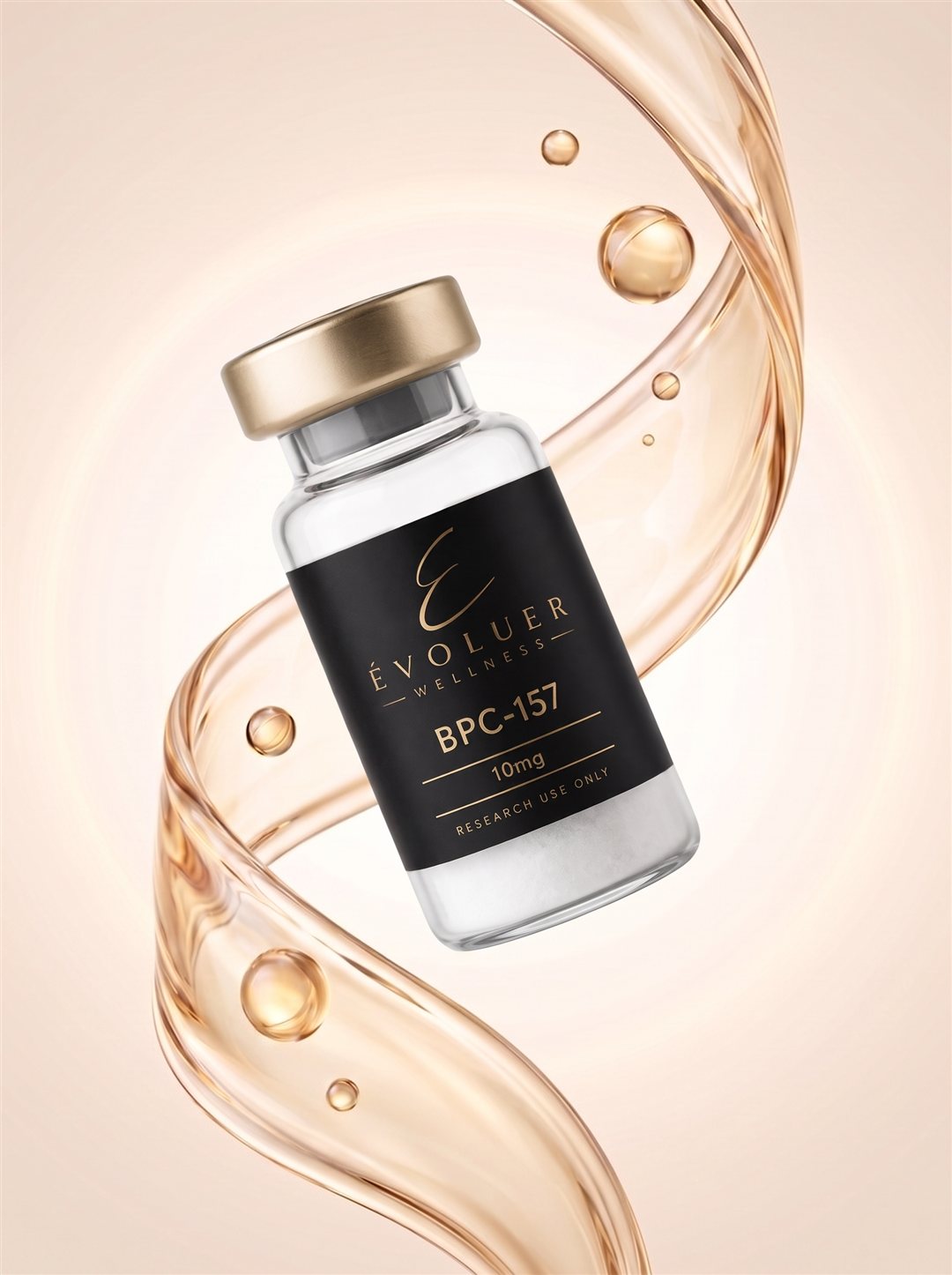 ÉVOLUER Wellness research-peptide vial — gold É monogram on a black label with a gold cap, suspended in a swirl of gold serum